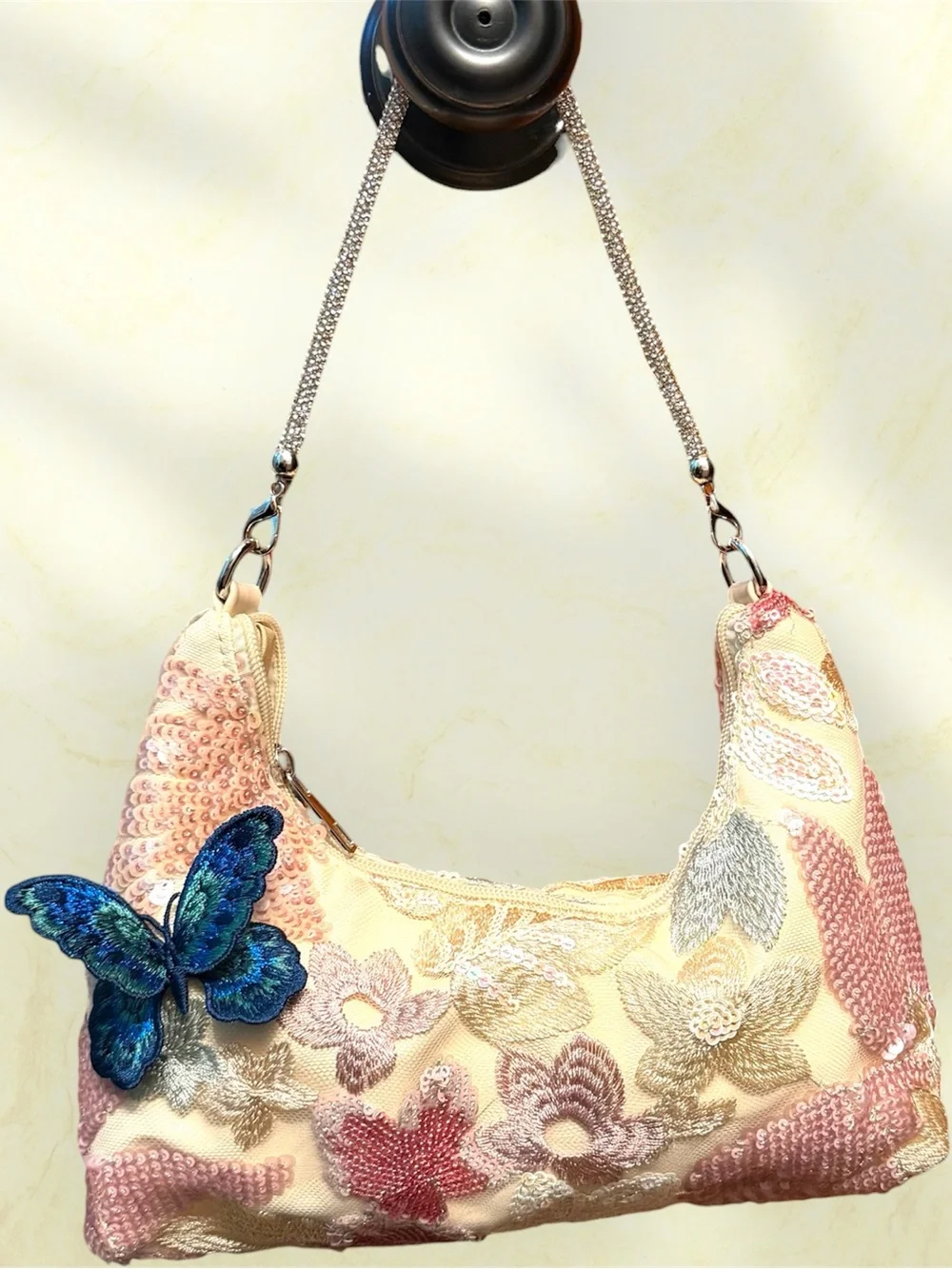 Embroidered Floral Sequin Shoulder Bag in Cream and Pink contrast butterfly - Picture 1 of 4